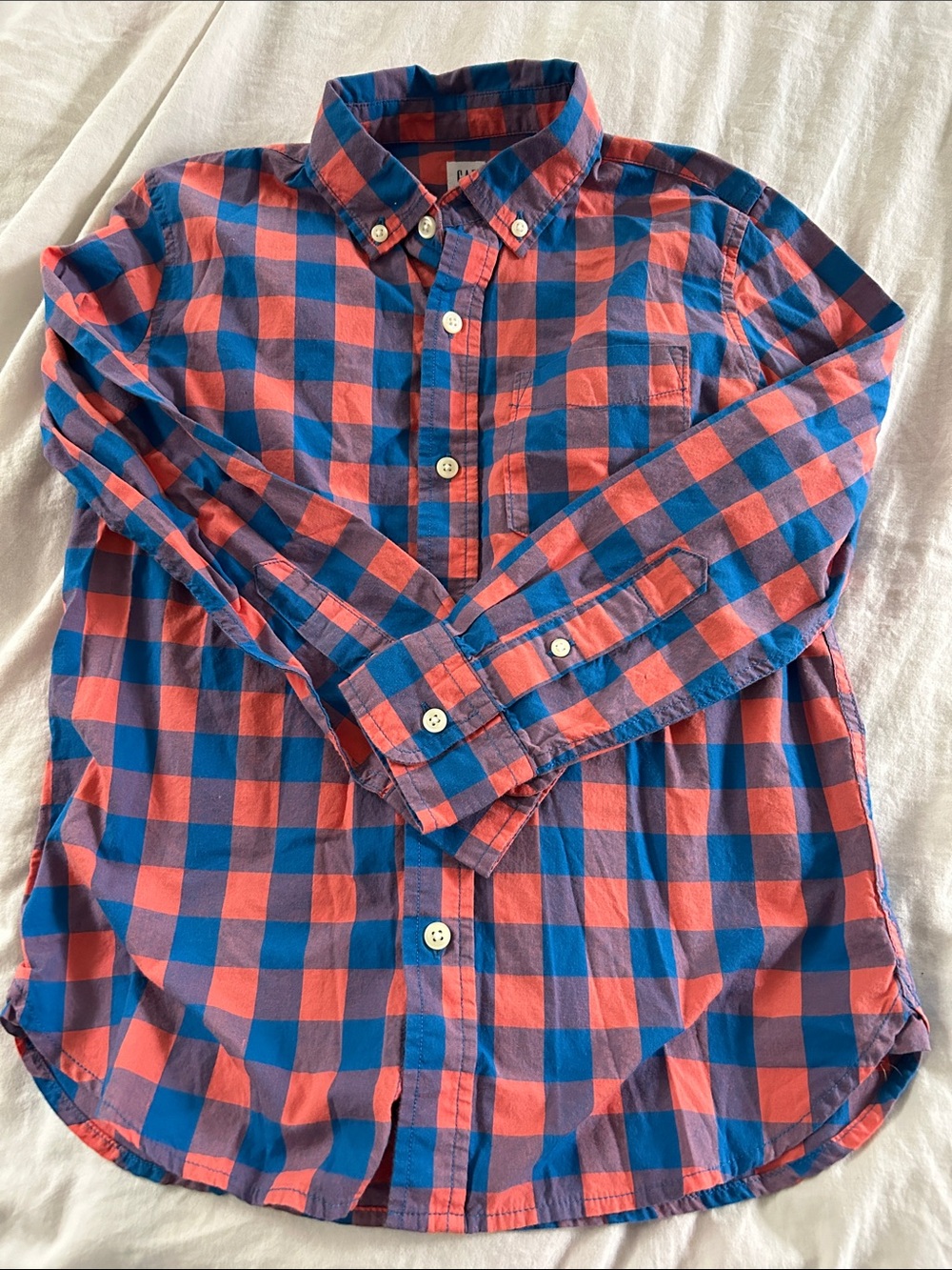 GAP Boys Coral & Blue Plaid Button-Down Shirt